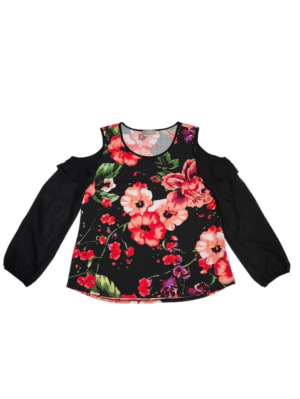 Laura sz L Cold-Shoulder Floral Blouse - Black with Red Floral Long Sleeves - Picture 5 of 11